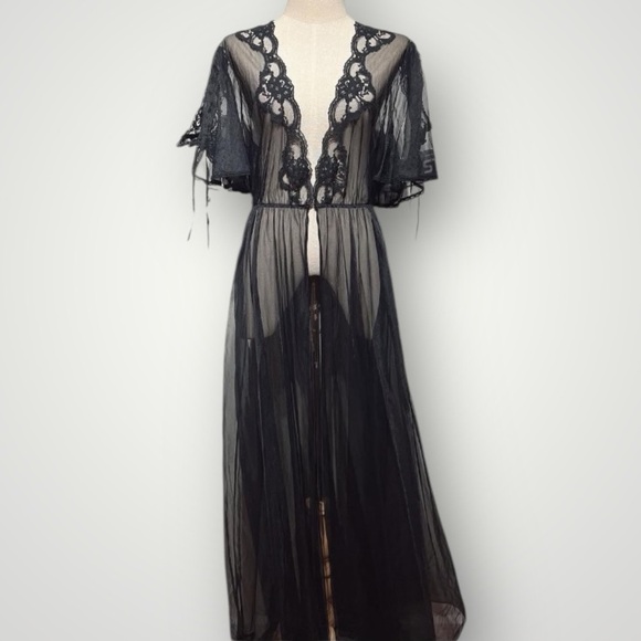 Vintage Old Hollywood Val Mode Gothic Boudoir Maxi Peignoir Sheer Gown in Blk M - Picture 1 of 14